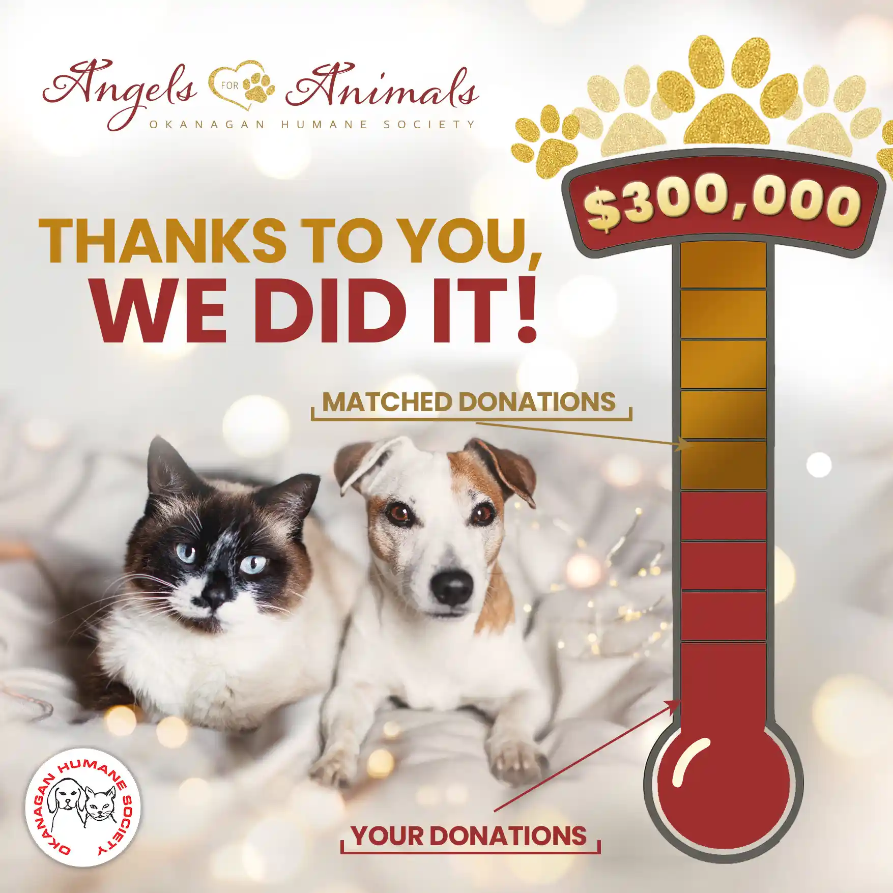 fundraising thermometer showing $300000 with an image of a cat and dog. Text says, Thanks to you, we did it!